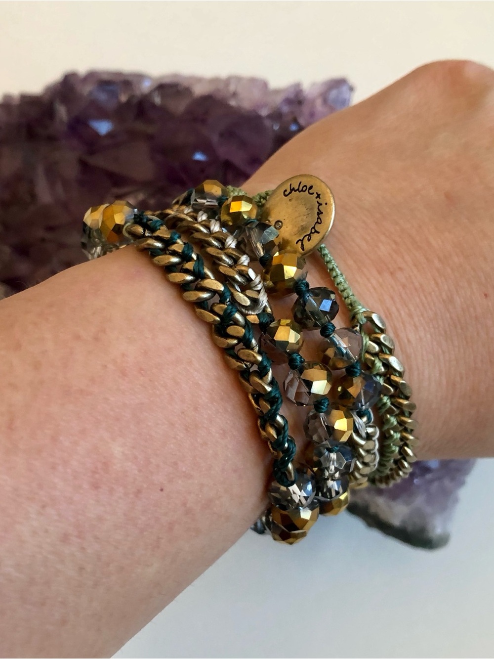NEW Chloe + Isabel Bead & Chain Multi Wrap Bracelet Gold Smokey Gray Crystal